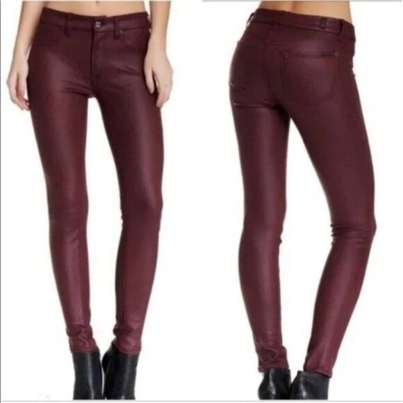 7 for All Mankind NEW Burgundy Waxed Denim High Waist Ankle Skinny Women's Sz 32
